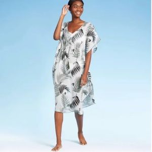Kona Sol Botanical Palm Print Swim Coverup Flowing Batwing Sleeves NWOT!